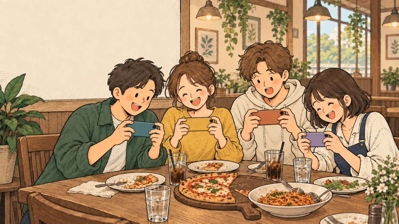 レストランのテーブルを囲んでボードゲームをする4人